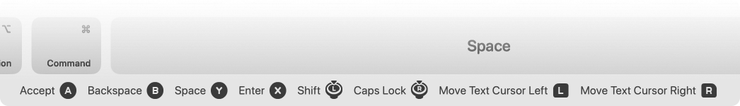 A row of shortcuts below the keyboard showing quick access to keyboard actions